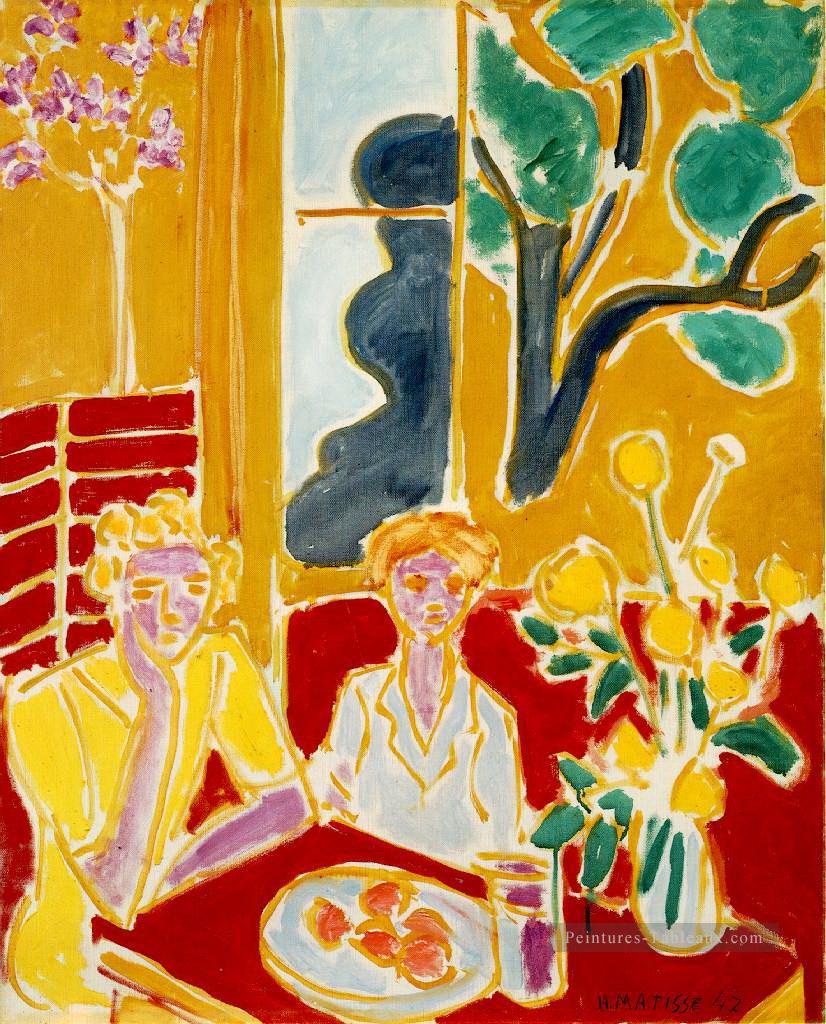 Deux filles dans un intérieur jaune et rouge 1947 fauvisme abstrait Henri Matisse Peintures à l'huile